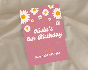 Retro Daisy Birthday Party Invitation Template Printable and Customizable with Digital Download