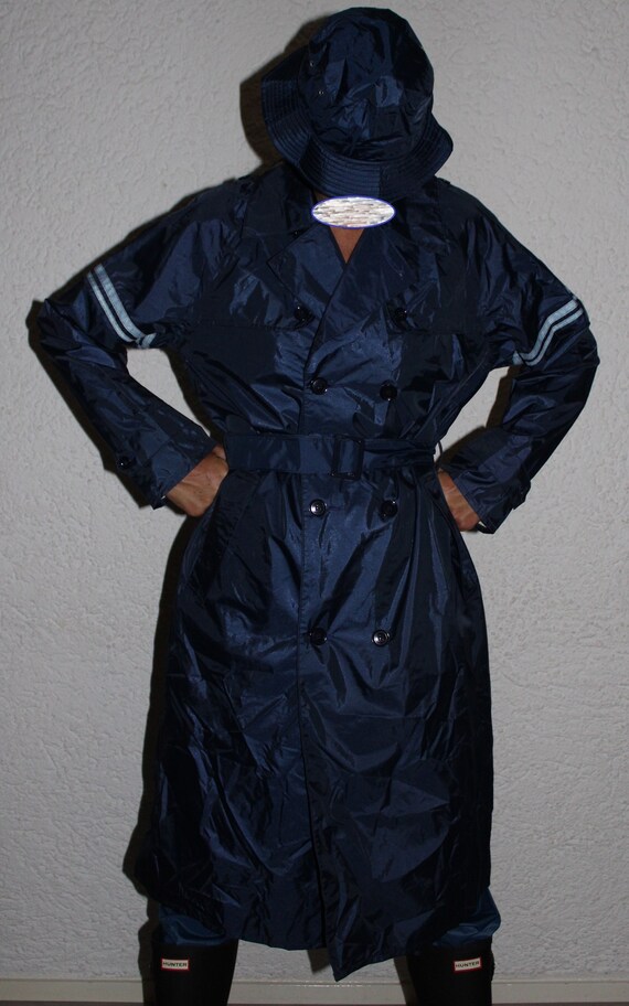 Vintage Long Darkblue Rubber Raincoat 