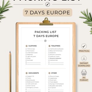 Packing List 7 Days Europe Printable PDF, Travel Checklist 1 Week Trip, Vacation Packing List, Travel Organizer Download
