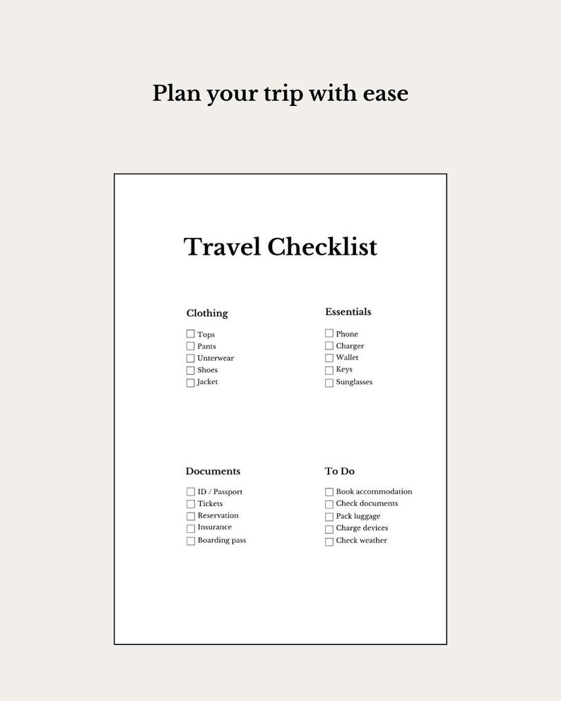 Travel Checklist Printable PDF | Packing List Template | Travel Planner ...