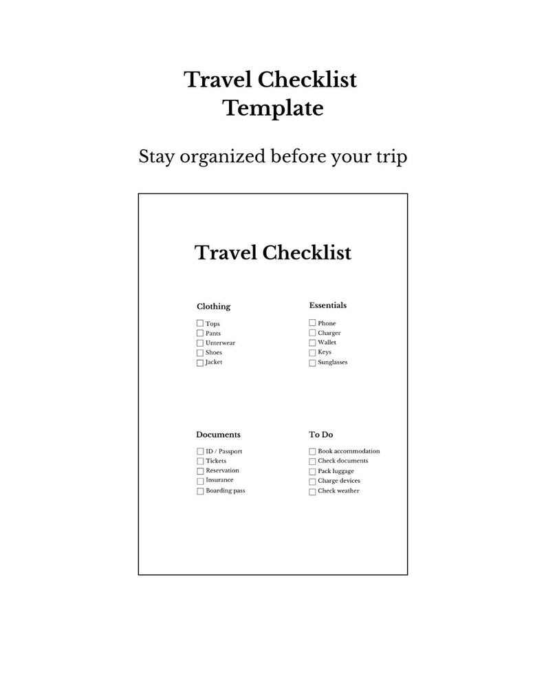 Travel Checklist Printable PDF | Packing List Template | Travel Planner ...