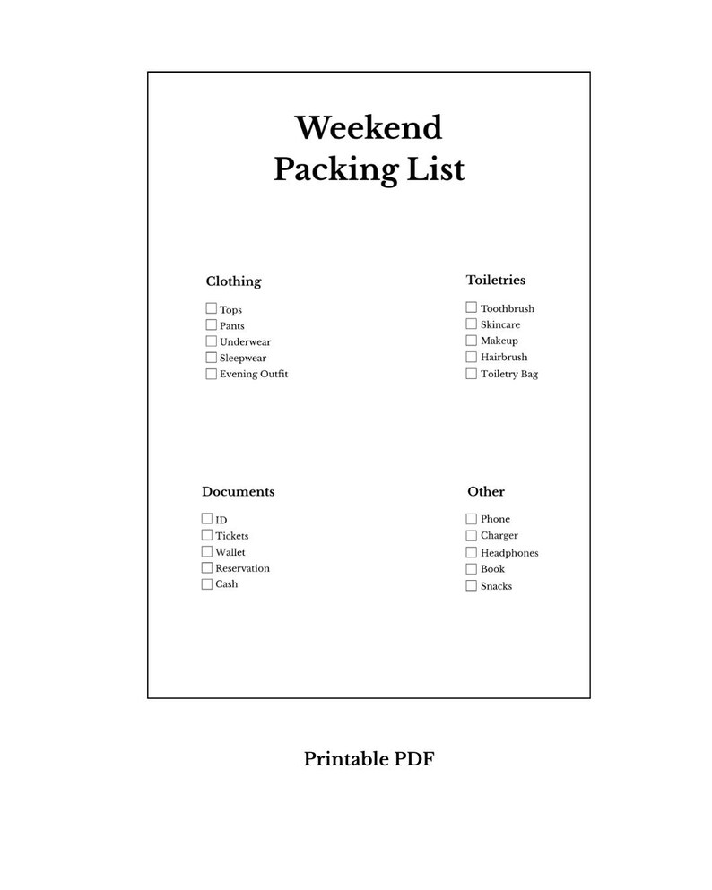 Weekend Packing List Printable PDF | Travel Checklist | Short Trip ...