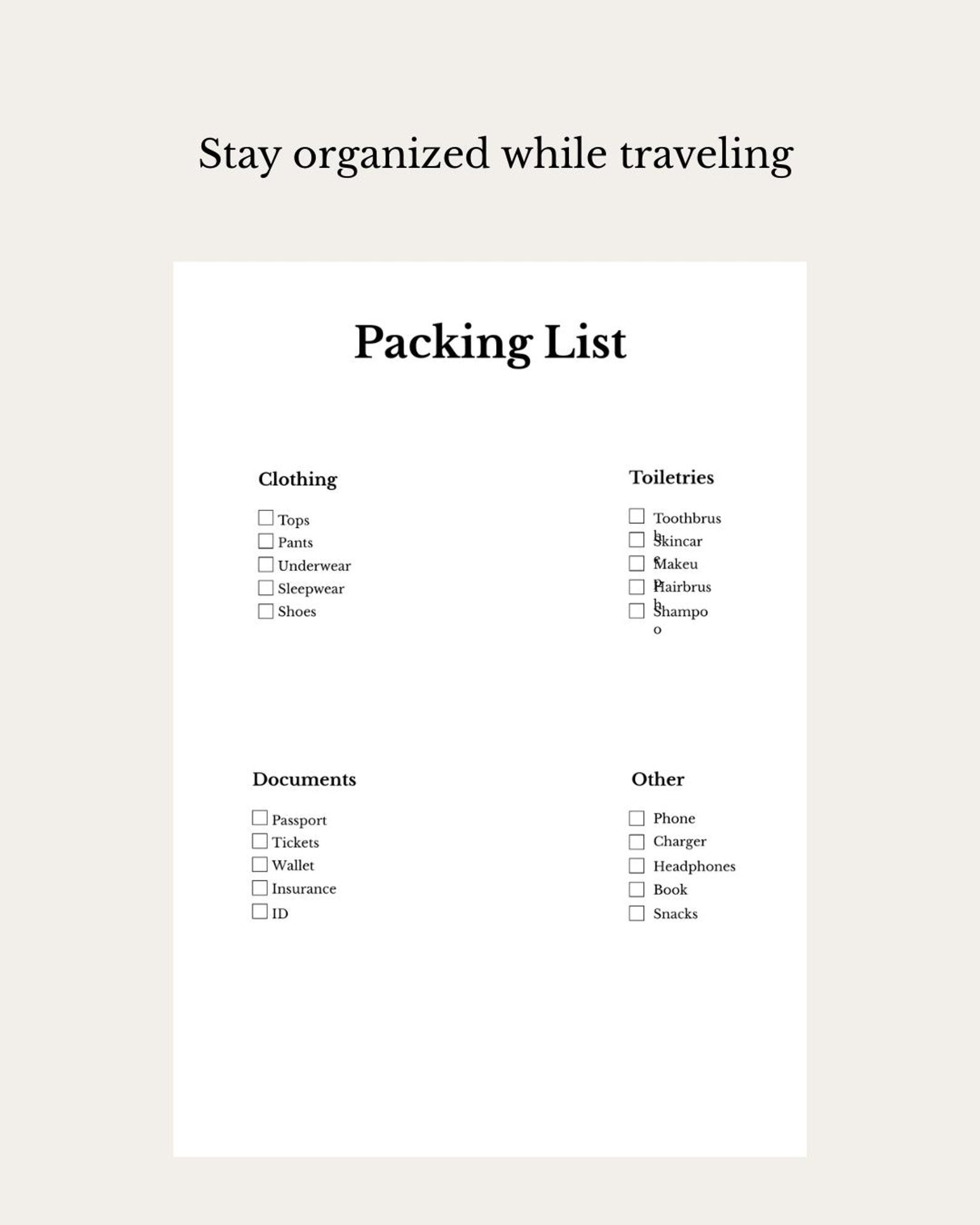 Packing List Printable PDF | Travel Checklist | Vacation Packing List ...
