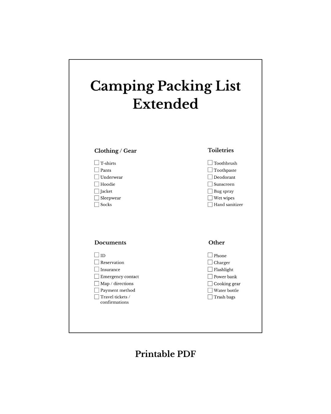 Camping Packing List Extended Printable PDF | Camping Checklist ...