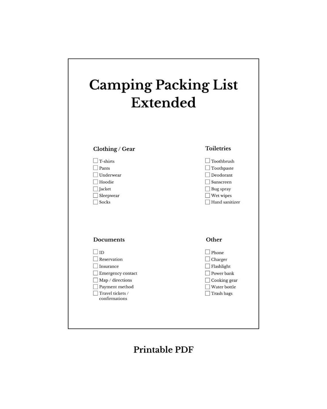Camping Packing List Extended Printable PDF | Camping Checklist ...