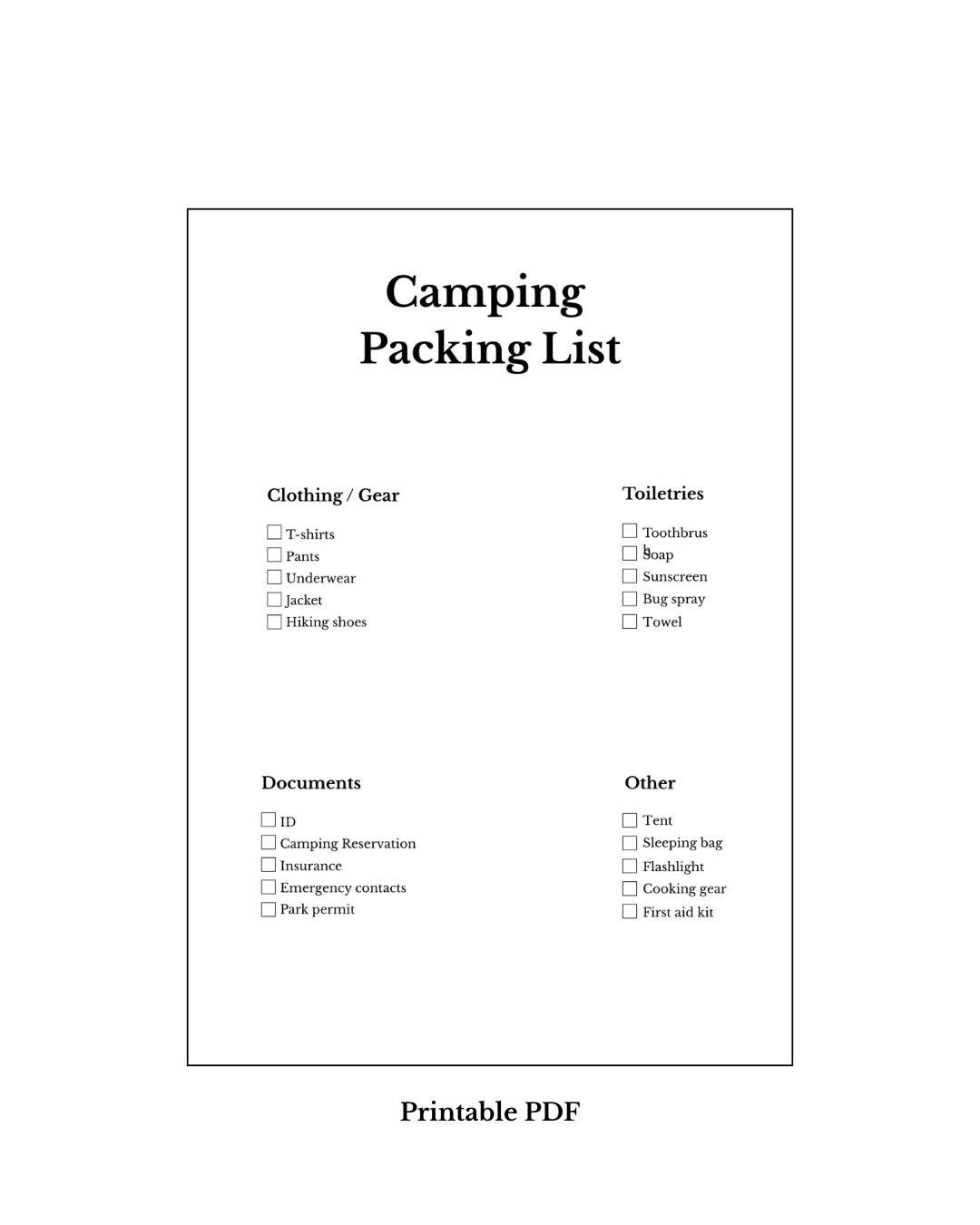 Camping Packing List Printable PDF | Camping Checklist | Outdoor ...