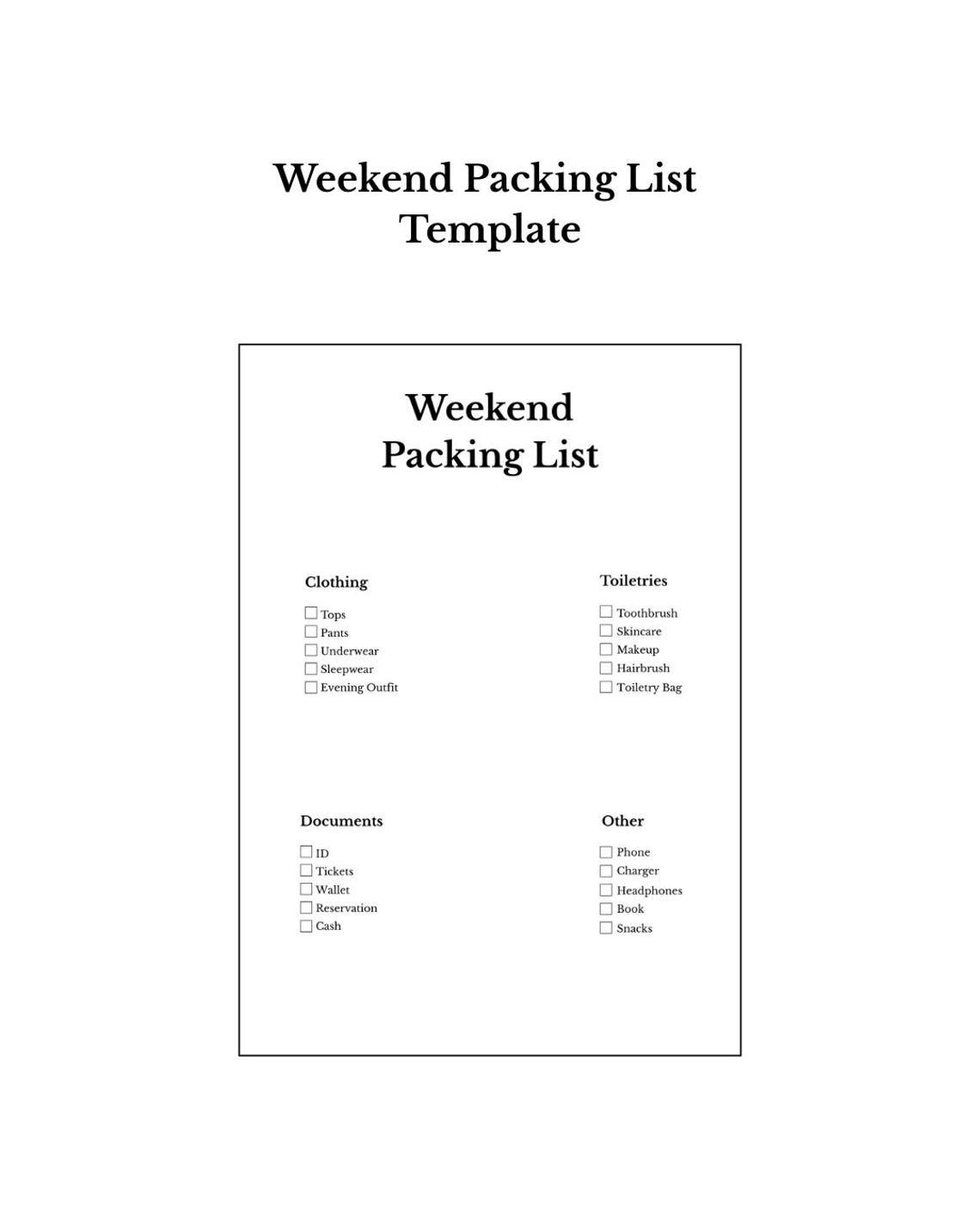 Weekend Packing List Printable PDF | Travel Checklist | Short Trip ...