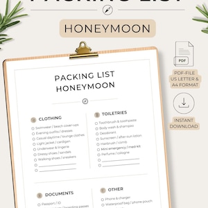 Honeymoon Packing List PDF | Printable Honeymoon Checklist | Romantic Getaway Travel Planner | Vacation Packing Guide | Bridal Shower Gift