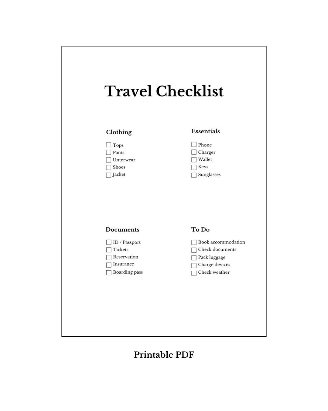 Travel Checklist Printable PDF | Packing List Template | Travel Planner ...