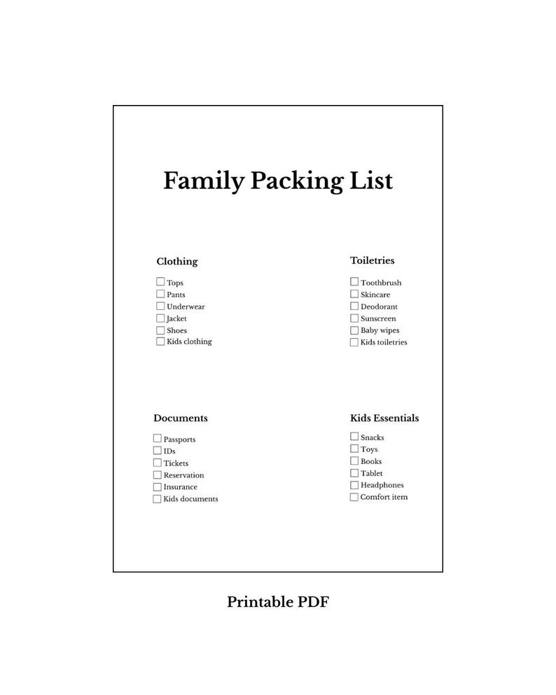 Family Packing List Printable PDF | Travel Checklist for Kids ...