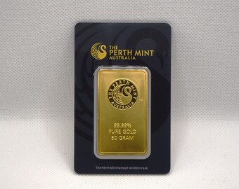 50g Goldbarren, Perth Mint, vergoldeter Barren im versiegelten Etui