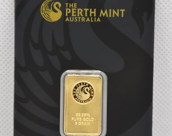 Lingot d'or de 5 g, Perth Mint, lingot plaqué or dans un étui scellé
