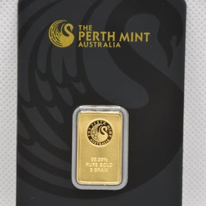 Lingot d'or de 5 g, Perth Mint, lingot plaqué or dans un étui scellé