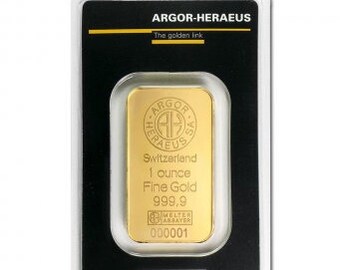 1 OZ gold bar, ARGOR-HERAEUS, gold plated bar in sealed case.