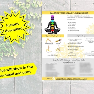 Solar Plexus Chakra Balancing digital download, essential oil recipe, yoga poses, positive affirmations, printable wall art, instructional