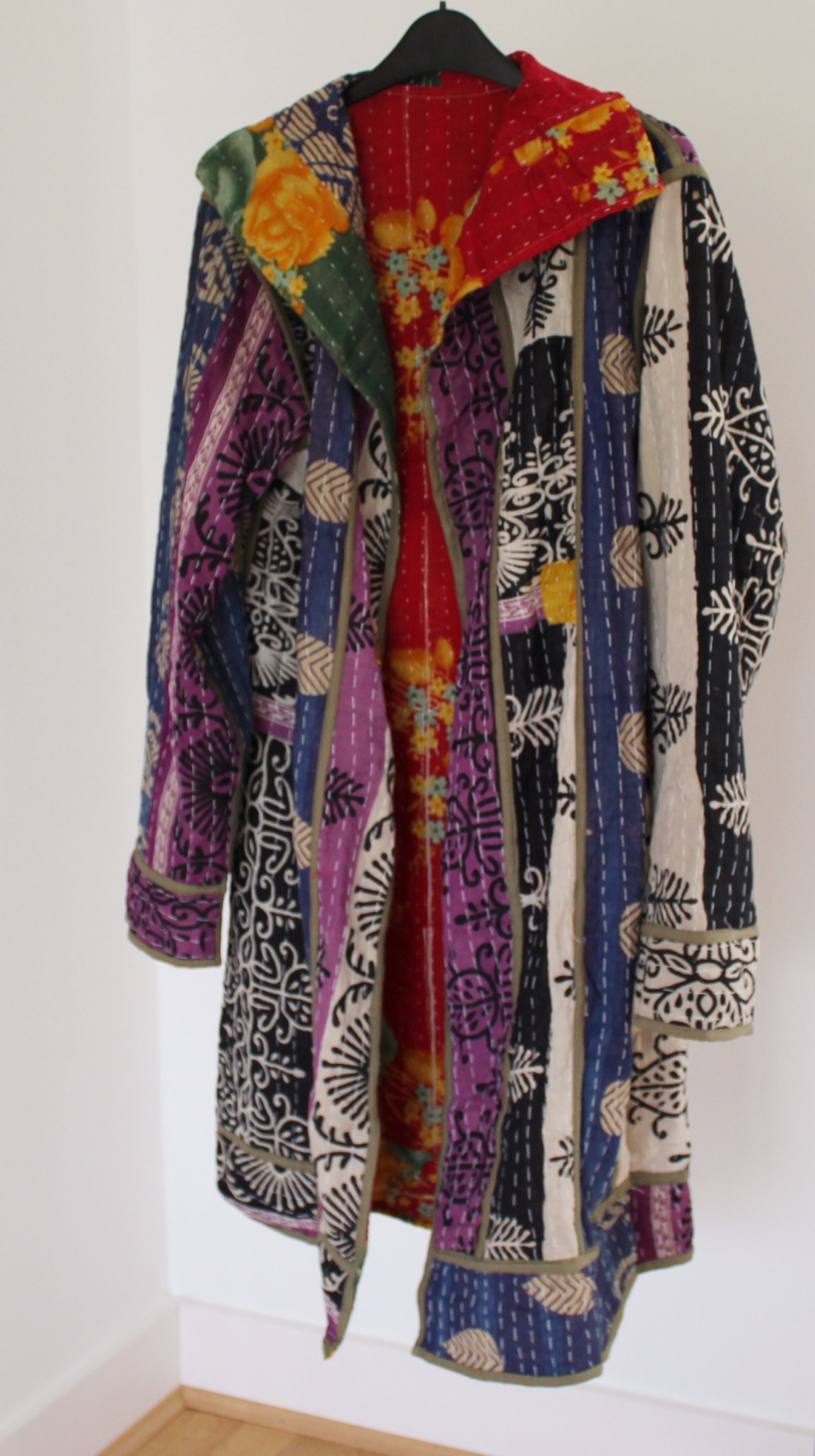 Veste Réversible Femme Kantha - Imprimé Floral, Fait Main En Inde, Court, Bloc Matelassé