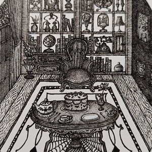 Illustration Art Décoration A5 Artwork Noir et Blanc Gothic Dotart Impression Art Hexen Craft "Petit Salon Victorien"