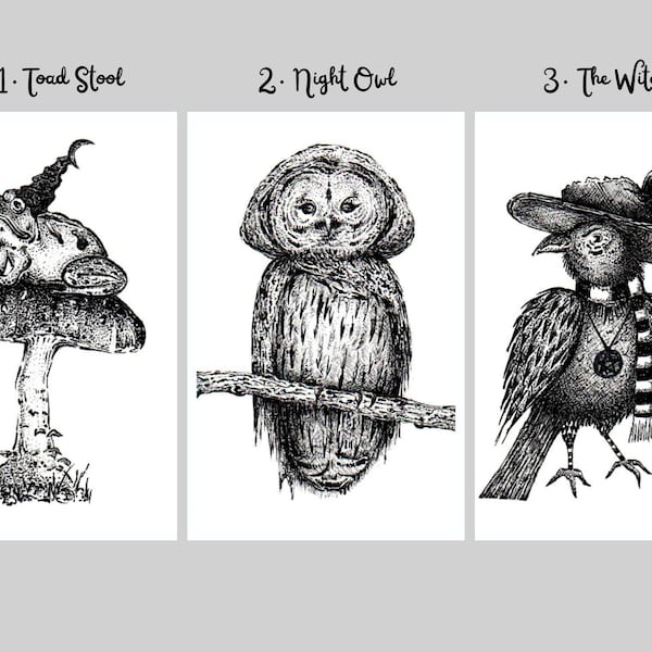 Illustration A6 Carte Postale sur papier texturé 250g Impression Fine-Art Décoration : Toad Stool/Night Owl/The Witcher