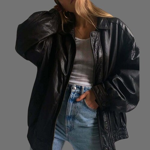 90's Oversized Bomber Women Leather Jacket Retro Vintage - Etsy