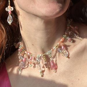 Handmade Pink Pastel Teardrop Beaded Necklace - Fairycore Necklace, Baby Pink, Cottagecore, Fairycore, Princesscore