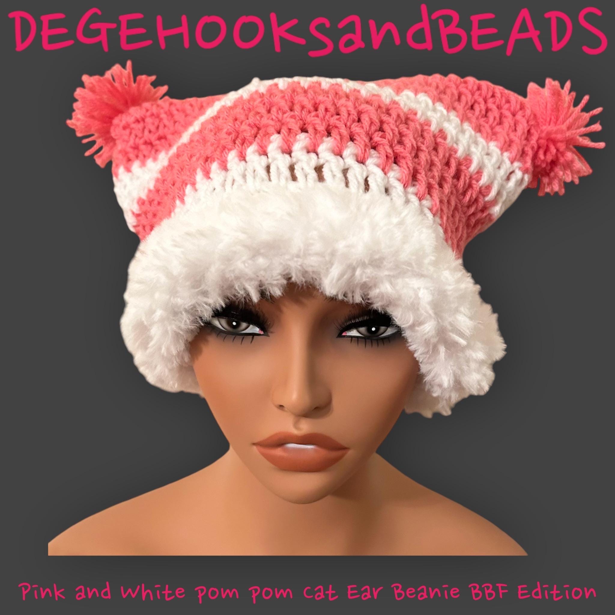 Crochet Cat Ear Beanie With Pom Poms - Etsy