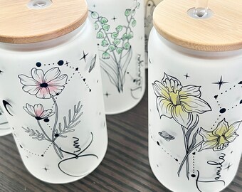 Personalized Tumbler With Name Gift For Mom Custom Coffee Mug With Floral Design With Birth Flower Glass Tumbler For Bridesmaid Gift