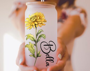 Personalized Tumbler With Name Gift For Mom Custom Coffee Mug With Floral Design With Birth Flower Glass Tumbler For Bridesmaid Gift