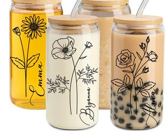 Copo de café gelado personalizado, copo de vidro de 20 onças, lata de cerveja personalizada com tampa e canudo, presente de dama de honra, proposta de dama de honra