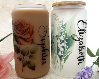 Personalized Birth Flower Tumbler With Lid and Straw, Bridesmaids Gifts, Custom Tumbler Bamboo Lid Tumbler, Personalized Gift, Teacher Gift