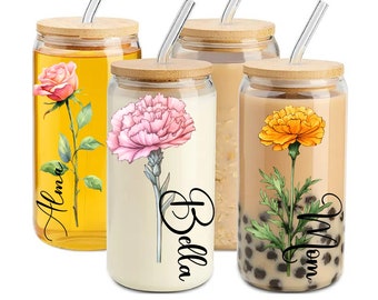 Personalized Tumbler With Name Gift For Mom Custom Coffee Mug With Floral Design With Birth Flower Glass Tumbler For Bridesmaid Gift