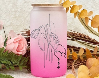 Personalized Bridesmaid Proposal Birth Flower Iced Coffee Cup, Custom Bridal Can Glass with Lid and Straw Bridesmaid Gift 16oz Glass Cup