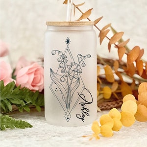 Custom Birth Flower Coffee Cup With Name, Personalized Birth Flower Tumbler, Bridesmaid Proposal Gift for Her, Birth Flower Glass