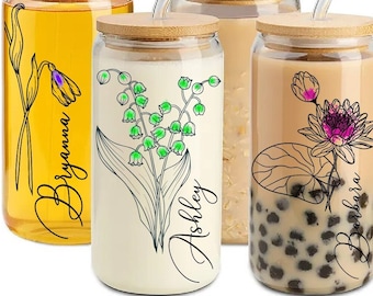 Aangepaste geboorte bloem koffiekopje met naam, gepersonaliseerde geboorte bloem tuimelaar, bruidsmeisje voorstel cadeau voor haar, geboorte bloem glas