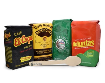 Deluxe Puerto Rico Coffee Bundle | 4 Pack of 8oz Coffee | Cafe Lareno, Cafe Adjuntas, Cafe El Coqui, Cafe Borinquen Includes El Pantry Spoon