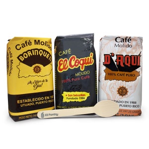 Deluxe Puerto Rican Coffee Selection | Cafe El Coqui, Cafe D&#39;Aqui, and Cafe Borinquen Ground Coffee, 14 Ounce  - Includes El Pantry Spoon