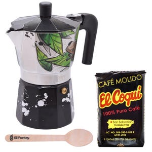El Pantry Limited Edition Puerto Rican Artists Coffee Maker Bundle - Greca Puerto Rico El Coqui - Ground Coffee 8oz - El Pantry Spoon