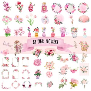 Rosa blommor PNG, akvarellblomma Clipart, rosa blommor paketillustrationer, direktnedladdning, klisterlappar, digitala PNG-klistermärken