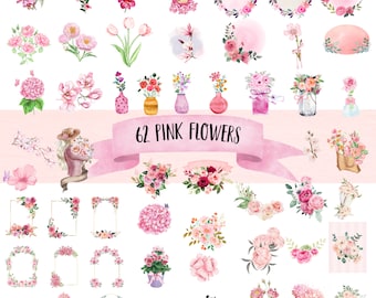 Pink Flowers PNG, Watercolor Flower Clipart, Pink Flowers Bundle Illustrations, Instant Download, Sticky Notes, Digital Png Stickers