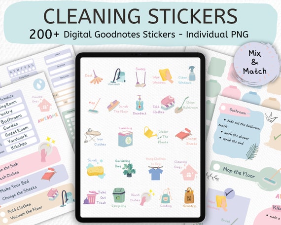 Digital goodnotes CLEANING Stickers, Cleaning Clip art, Chores Pre-cropped Digital Planner Stickers, GoodNotes Stickers, Chores Clipart