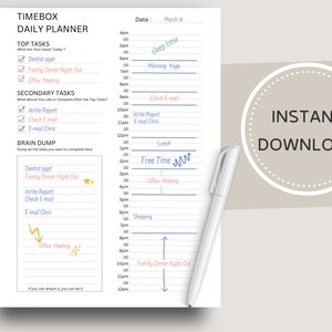 May include: A printable daily planner with a timebox layout. The planner includes sections for top tasks, secondary tasks, and a brain dump. The planner is designed to help users organize their day and stay on track.