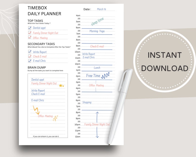 May include: A printable daily planner with a timebox layout. The planner includes sections for top tasks, secondary tasks, and a brain dump. The planner is designed to help users organize their day and stay on track.