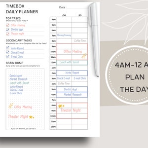 May include: A daily planner with a grid layout for scheduling tasks. The planner includes sections for "Top Tasks", "Secondary Tasks", and "Brain Dump". The planner is designed to help users plan their day from 4 AM to 12 AM.