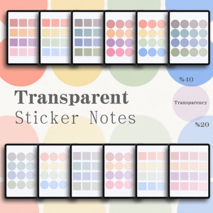 May include: Set of 10 transparent sticker notes in various pastel colors. Each sheet has 9 stickers in different sizes and shapes. The stickers are designed for use in planners, journals, and notebooks. The text on the image reads "Transparent Sticker Notes" and "%40 Transparency" and "%20 Transparency".