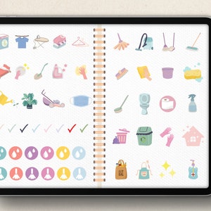 May include: A digital planner with colorful icons for cleaning tasks. The icons include a washing machine, iron, broom, toilet, trash can, and more. The planner is open to a page with a checklist and a section for notes.