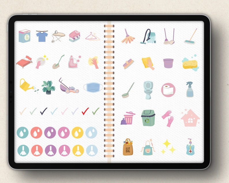 May include: A digital planner with colorful icons for cleaning tasks. The icons include a washing machine, iron, broom, toilet, trash can, and more. The planner is open to a page with a checklist and a section for notes.
