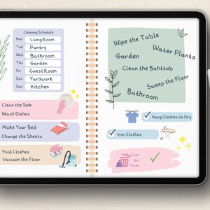 May include: A digital planner page with a cleaning schedule for the week, a list of chores to do around the house, and a checklist of tasks to complete. The planner is divided into two sections, one for daily chores and one for weekly chores. The daily chores include tasks such as cleaning the sink, washing dishes, making the bed, changing the sheets, folding clothes, and vacuuming the floor. The weekly chores include tasks such as wiping the table, watering plants, cleaning the bathtub, sweeping the floor, hanging clothes to dry, ironing clothes, and taking out the trash.