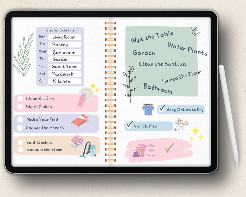 May include: A digital planner page with a cleaning schedule for the week, a list of chores to do around the house, and a checklist of tasks to complete. The planner is divided into two sections, one for daily chores and one for weekly chores. The daily chores include tasks such as cleaning the sink, washing dishes, making the bed, changing the sheets, folding clothes, and vacuuming the floor. The weekly chores include tasks such as wiping the table, watering plants, cleaning the bathtub, sweeping the floor, hanging clothes to dry, ironing clothes, and taking out the trash.