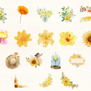 Gula blommor PNG, akvarellblomma Clipart, gula blommor buntillustrationer, direktnedladdning, klisterlappar, digitala PNG-klistermärken bild 3