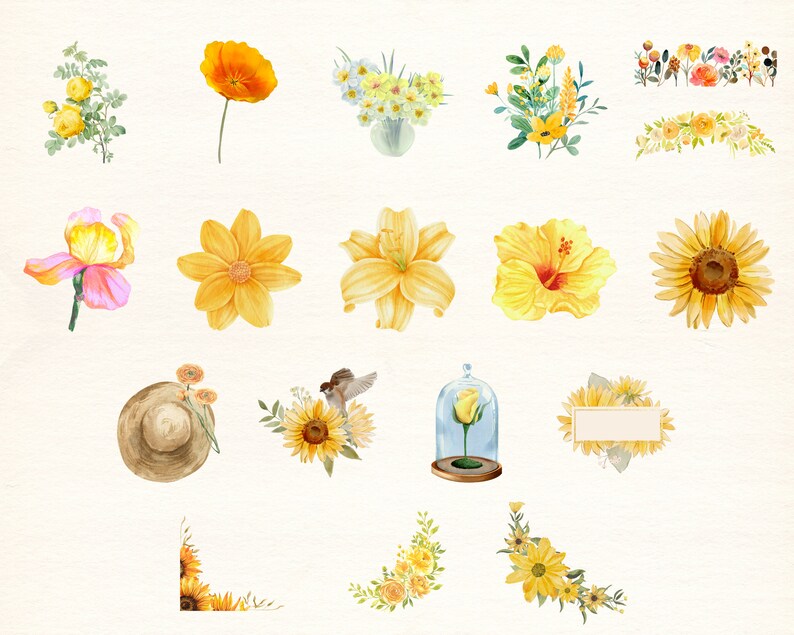 Gula blommor PNG, akvarellblomma Clipart, gula blommor buntillustrationer, direktnedladdning, klisterlappar, digitala PNG-klistermärken bild 3