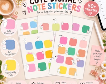 May include: A collection of digital note stickers featuring colorful pastel squares and small animal illustrations. The sheets include various cartoon characters like rabbits and cats, with text reading CUTE DIGITAL NOTE STICKERS.